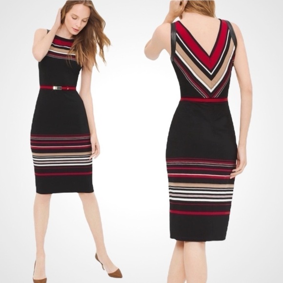 White House Black Market Dresses & Skirts - White House Black Market Striped Slimming Sheath Dress Leather Trim 6 Small